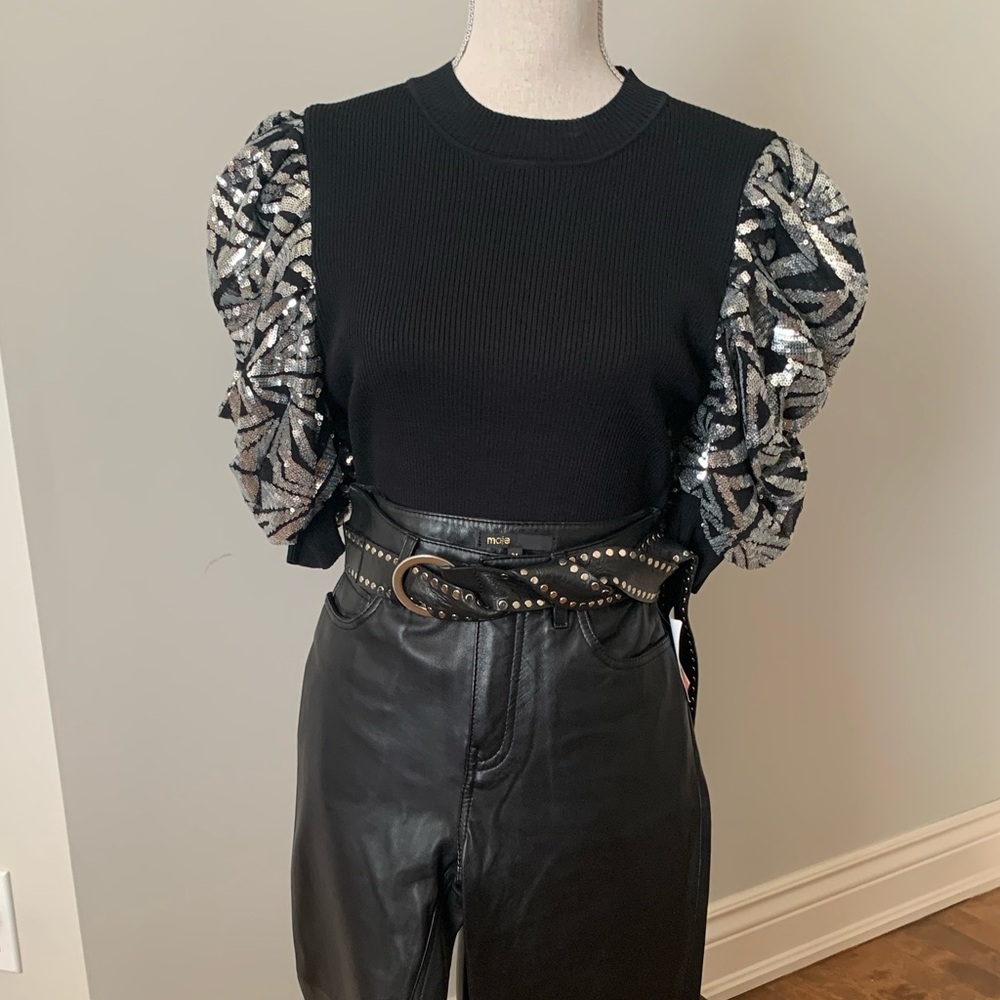 Gracia Black Sweater with Silver Sequin Sleeves